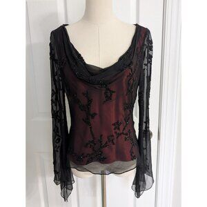 Vtg Scala Silk Cowl Neck Beaded Flare Asymmetrical Sleeve Y2K Whimsigoth Fairy